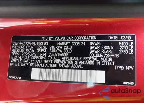 2019 Volvo Xc60 T6 R-Design z USA, uszkodzony, nr VIN YV4A22RM7K1353183